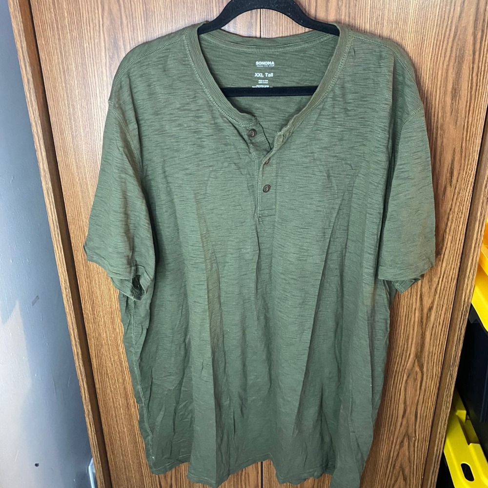 Sonoma Henley Shirt Mens XXL Tall Olive Green Slub Knit Short Sleeve Cotton
